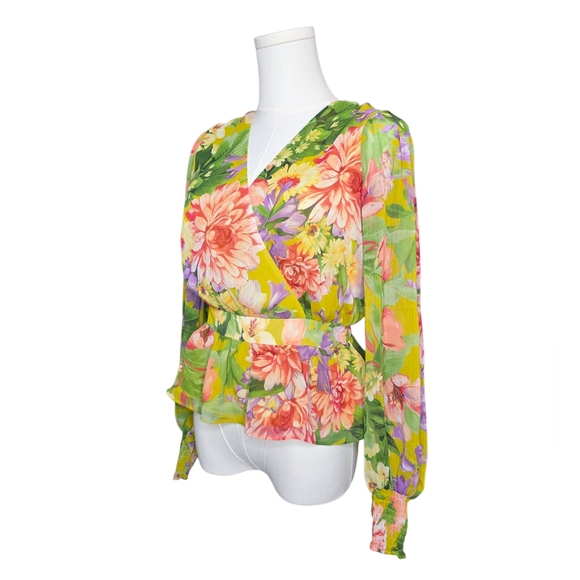 EXPRESS Olive Ground Floral Peplum Blouse w/ Smocking Cuff - Picture 1 of 4